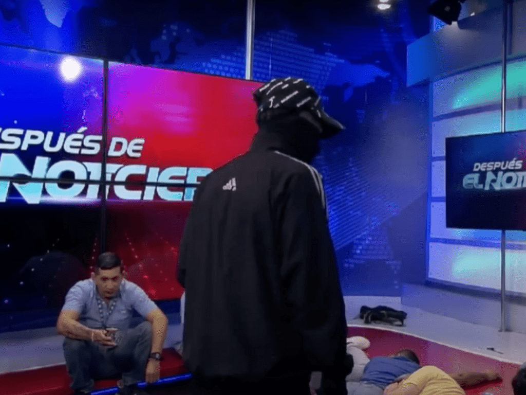 Screenshot from TC Television's live broadcast when criminals stormed a television news station and took hostages in January 2023.